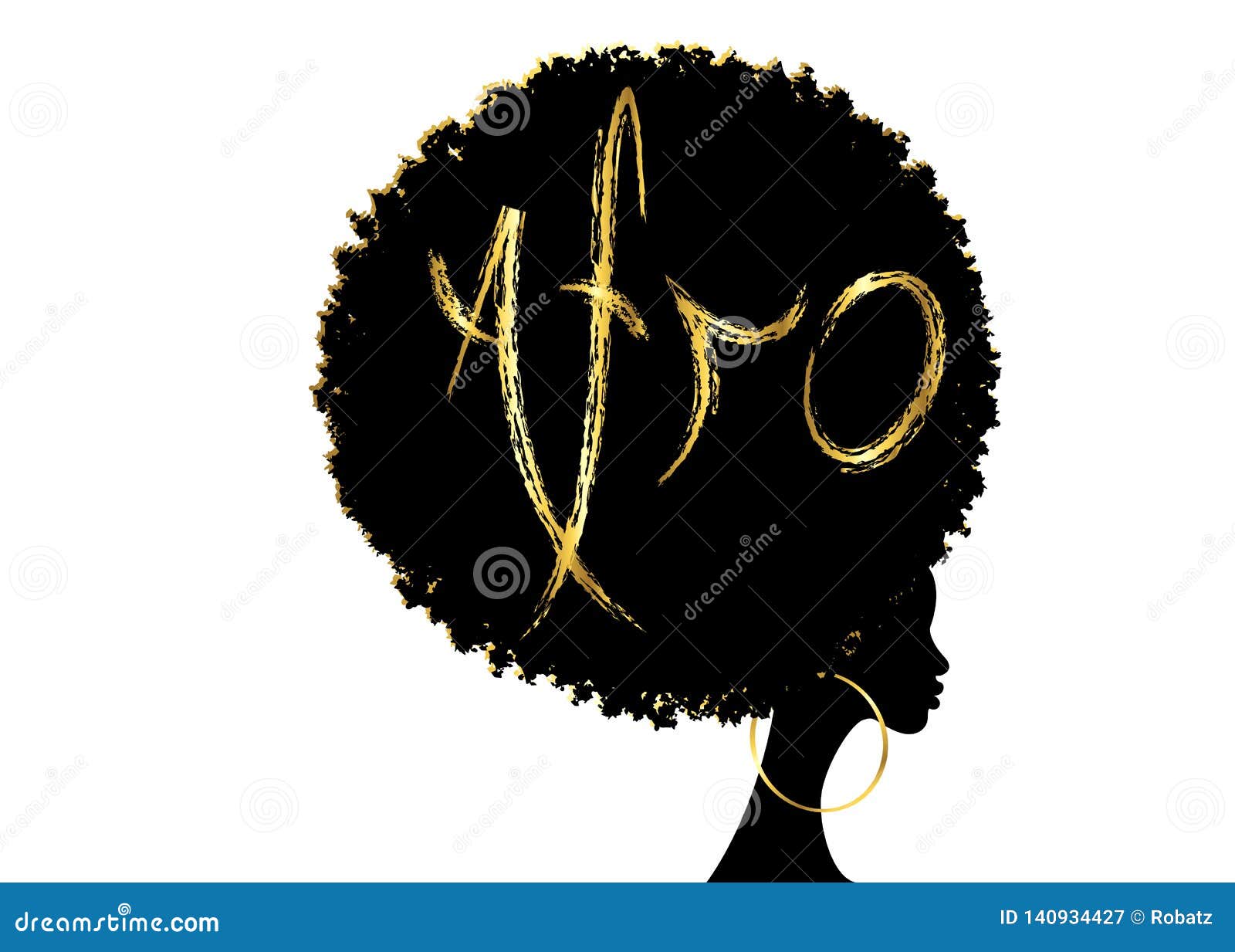 Курчавые афро волосы, женщины портрета африканские, сторона темной кожи женская с афро вьющиеся волосы, этническими традиционными. Курчавые афро волосы, женщины портрета африканские, сторона темной кожи женская с афро вьющиеся волосы, этнические традиционные золотые серьги, концепция прически, grunge Афро предпосылка текста золота, изолированной или белой